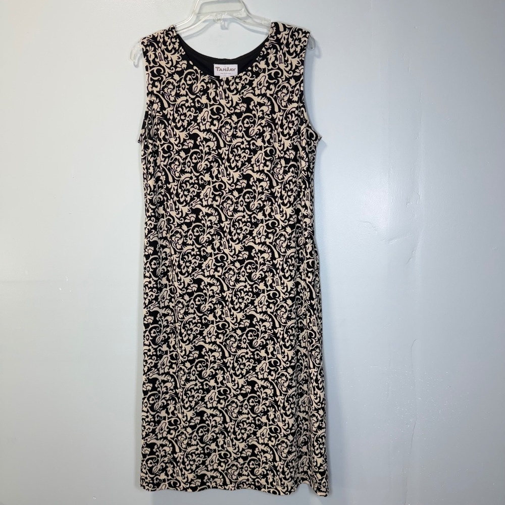 TanJay Petites Y2K Black‎ Cream Damask Sheath Dress PM/M Sleeveless Midi